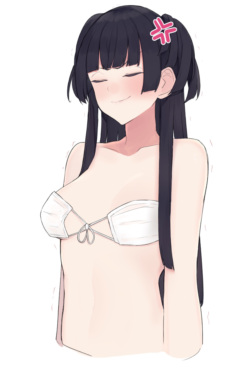 1girl anger_vein bikini black_hair blush breasts closed_eyes dera_self highres idolmaster idolmaster_shiny_colors long_hair mayuzumi_fuyuko simple_background smile solo swimsuit trembling two_side_up white_background white_bikini