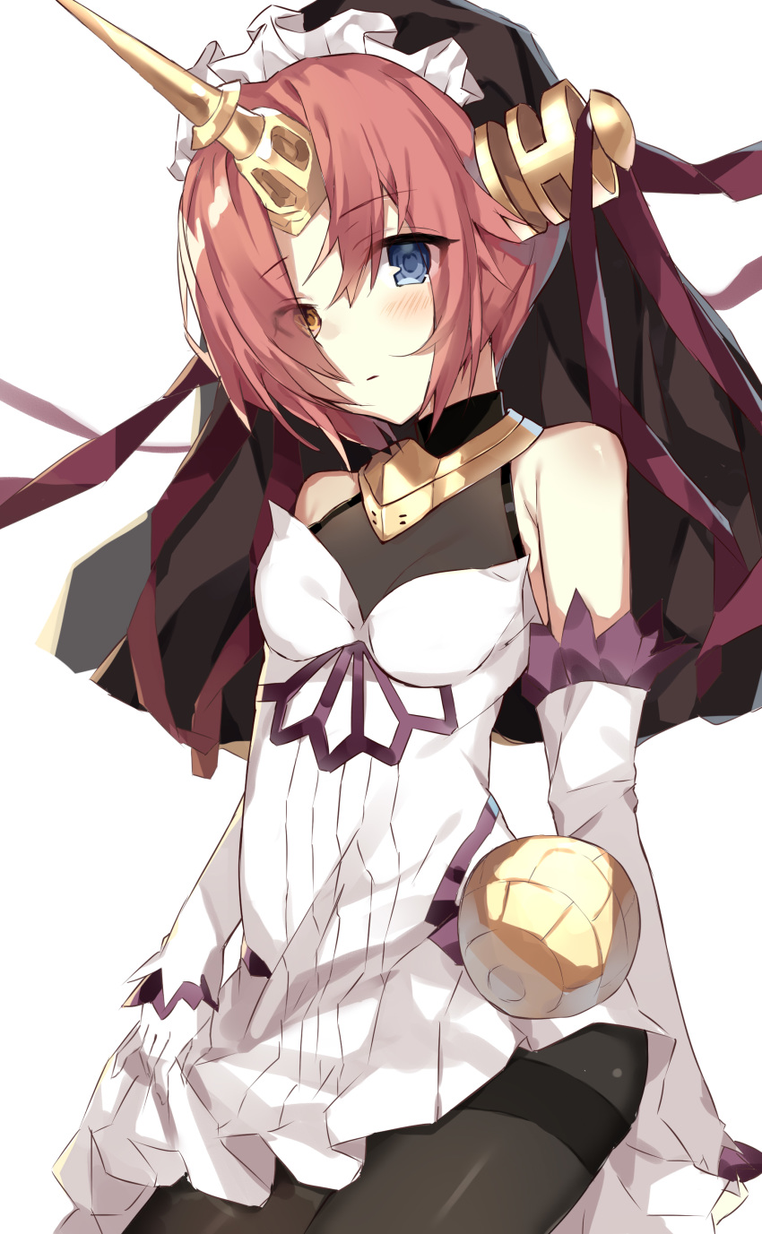 1girl absurdres bangs bare_shoulders black_legwear blue_eyes blush breasts brown_eyes closed_mouth commentary_request detached_sleeves dress eyebrows_visible_through_hair fate/apocrypha fate_(series) frankenstein's_monster_(fate) hair_over_one_eye heterochromia highres horn leisss long_sleeves looking_at_viewer pantyhose pink_hair simple_background sleeves_past_wrists small_breasts solo thighband_pantyhose white_background white_dress white_sleeves