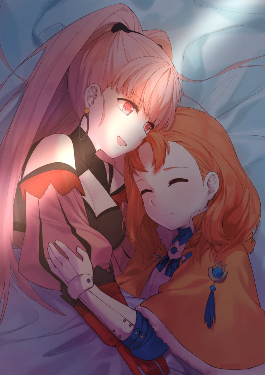 2girls annette_fantine_dominique bed breasts capelet cleavage closed_eyes closed_mouth earrings fire_emblem fire_emblem:_three_houses gloves highres hilda_valentine_goneril jewelry long_hair lying multiple_girls on_side open_mouth orange_hair pink_eyes pink_hair ponytail transistor upper_body