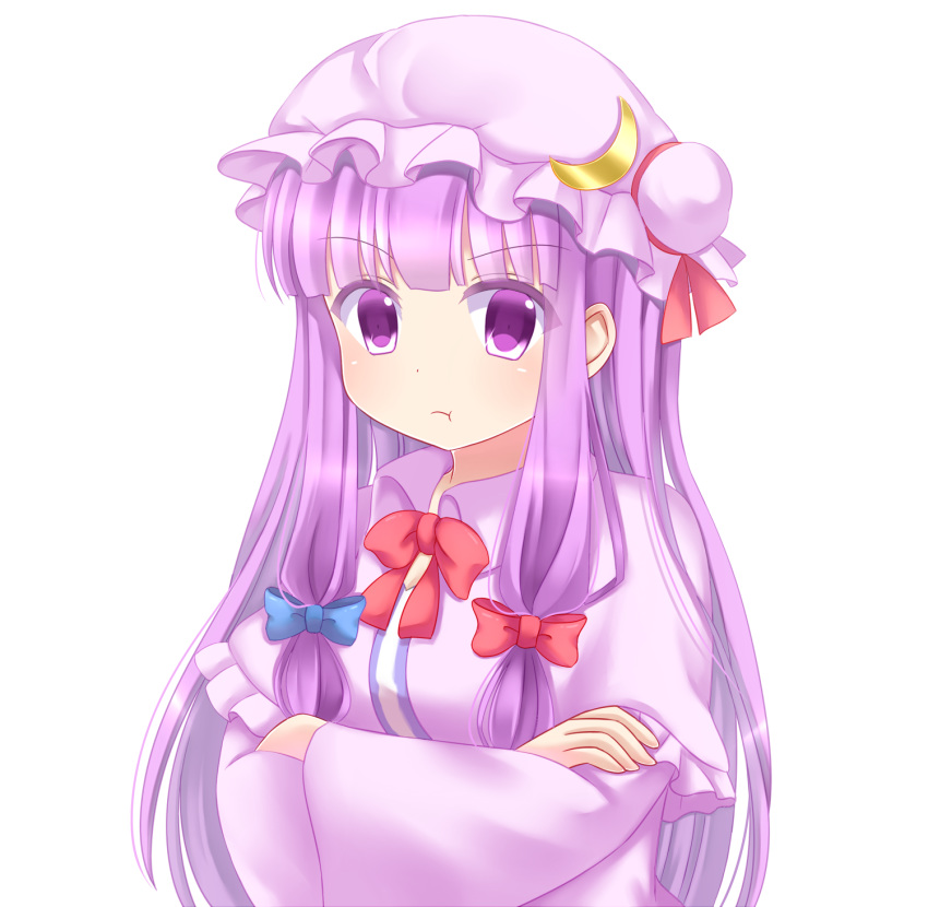 1girl :t bangs blue_bow blunt_bangs bow bowtie collar commentary_request crescent crescent_moon_pin crossed_arms eyebrows_visible_through_hair hair_bow hat hat_ribbon highres long_hair looking_at_viewer mob_cap patchouli_knowledge pout purple_eyes purple_hair red_bow red_neckwear red_ribbon ribbon simple_background solo touhou upper_body very_long_hair white_background yukina_kurosaki