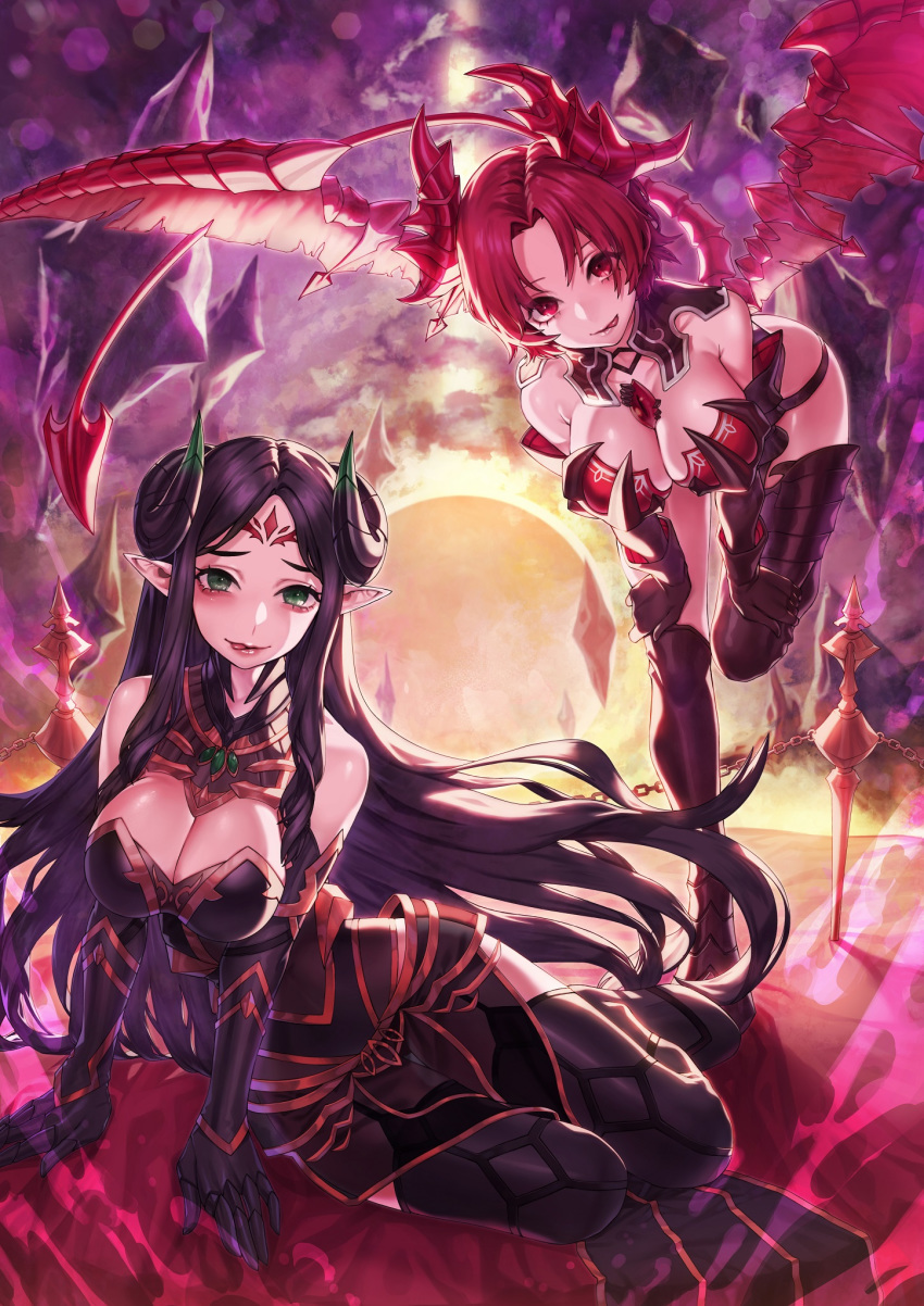 2girls :p ass bangs bare_shoulders black_hair breasts chain cleavage demon_girl demon_tail doku-chan_(dokkudokudoku) elbow_gloves epis facial_mark forehead_mark gem gloves gold_trim green_eyes hands_on_floor hands_on_thighs highres horns king's_raid large_breasts lips long_hair looking_at_viewer multiple_girls parted_bangs pointy_ears red_eyes red_hair shamilla short_hair tail tongue tongue_out very_long_hair wings