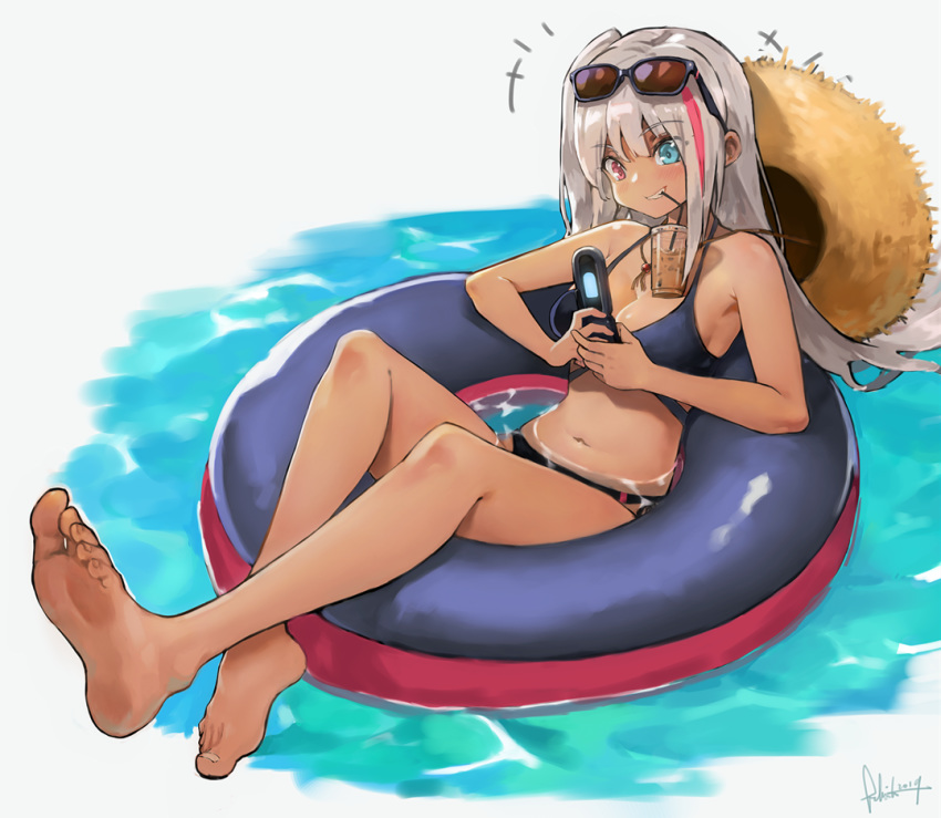 1girl barefoot bikini black_bikini blue_eyes breasts cellphone cleavage cup disposable_cup drinking_straw eyebrows_visible_through_hair feet felixtoc flip_phone girls_frontline grey_hair grin hat heterochromia holding holding_cellphone holding_phone innertube long_hair mdr_(girls_frontline) multicolored_hair navel one_side_up phone pink_eyes pink_hair smile solo stomach straw_hat streaked_hair sun_hat swimsuit water