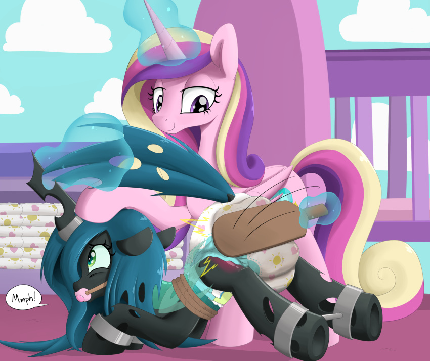 2019 arthropod bdsm bodily_fluids bondage bound changeling diaper duo equid female feral friendship_is_magic gag genital_fluids hair horn insect_wings magic mammal membrane_(anatomy) membranous_wings multicolored_hair my_little_pony paddle princess_cadance_(mlp) queen_chrysalis_(mlp) rope skitterpone smile spanking unicorn urine wings