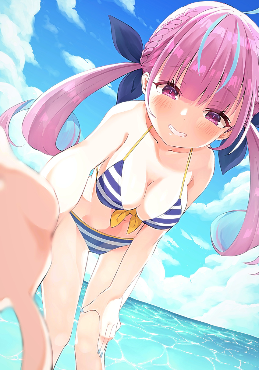 1girl absurdres alternate_costume bangs bare_shoulders bikini blue_sky blue_stripes blunt_bangs blurry blurry_foreground blush breasts cleavage cloud collarbone depth_of_field eyebrows_visible_through_hair groin hair_ornament highres hololive houshou_marine_(artist) huge_filesize looking_at_viewer medium_breasts minato_aqua multicolored_hair nail_polish official_alternate_costume outdoors purple_eyes purple_hair reaching_out sky solo striped striped_bikini striped_bikini_bottom striped_bikini_top swimsuit twintails two-tone_hair virtual_youtuber water white_stripes