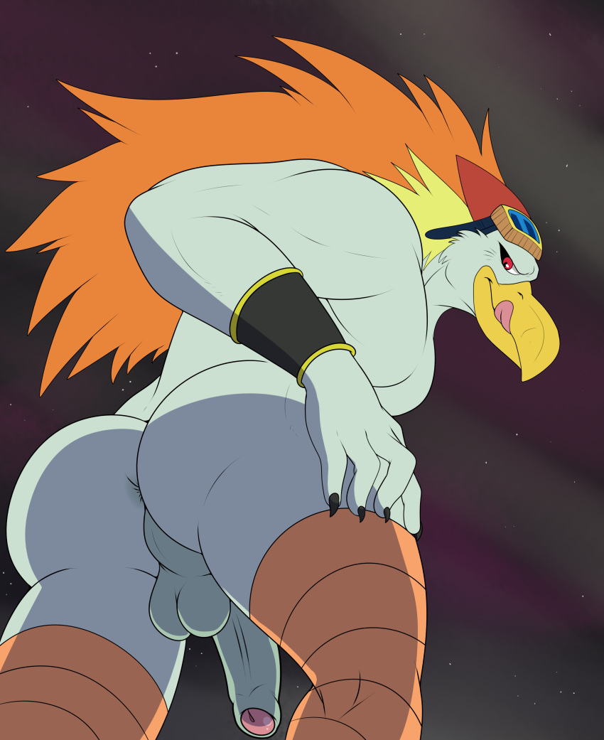 5_fingers anthro anus avian balls bird butt claws digital_media_(artwork) dragon_ball dragon_ball_super enookie eyewear feathers fingers foreskin ganos hair humanoid_penis licking looking_at_viewer looking_back male nude orange_hair penis red_eyes simple_background smile solo tongue tongue_out white_feathers