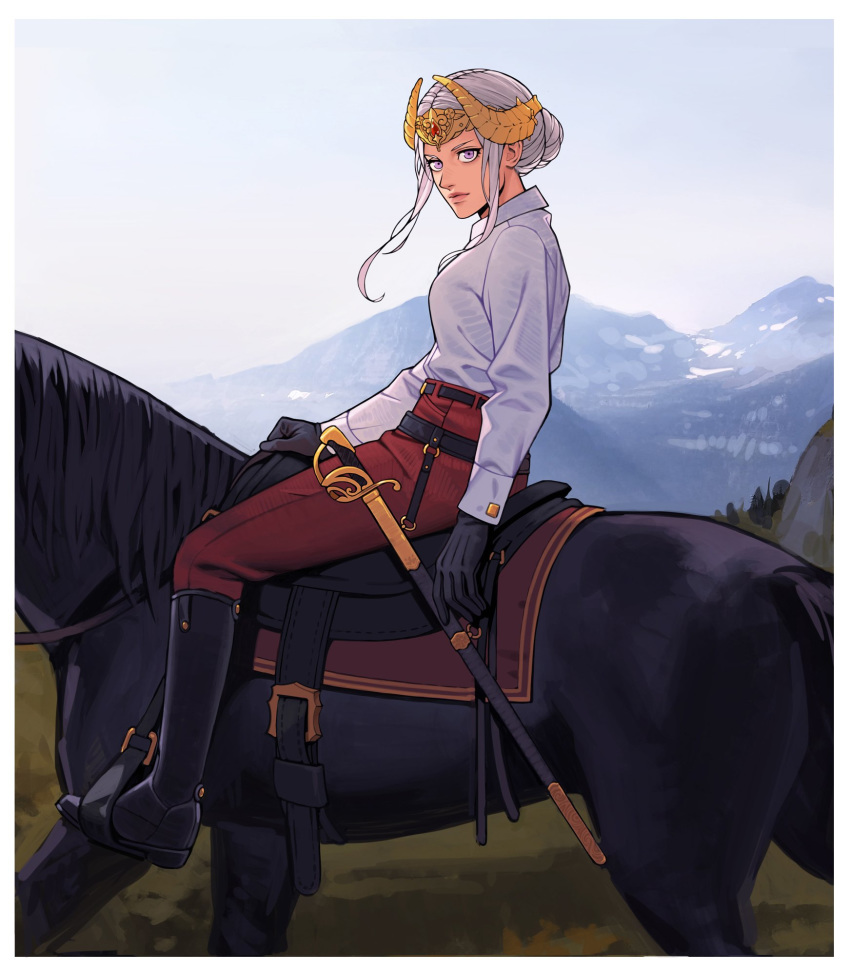 1girl animal ass blonde_hair crown edelgard_von_hresvelg field fire_emblem fire_emblem:_three_houses hair_ornament highres horns horse pants riding shirt shroedinger solo