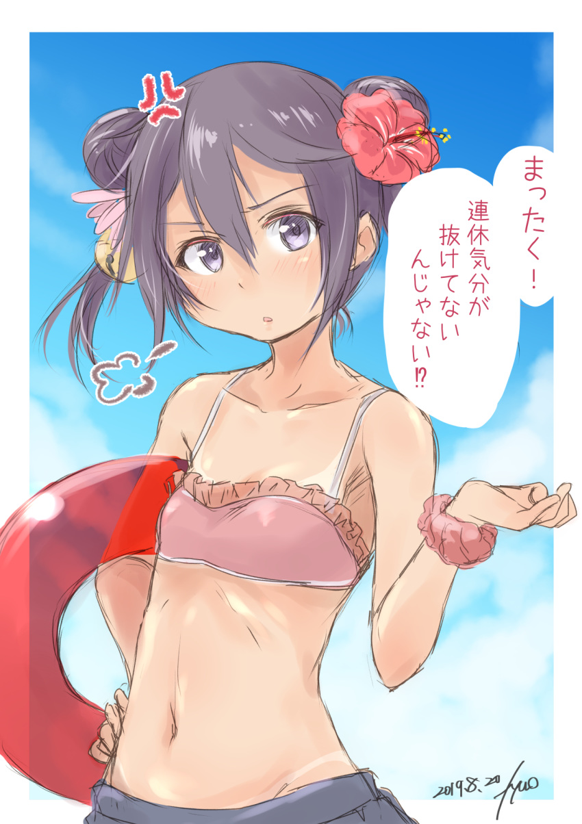 1girl 2girls akebono_(kantai_collection) alternate_hairstyle anger_vein bare_shoulders bikini double_bun flower fyuo hair_flower hair_ornament hand_on_hip hibiscus highres innertube kantai_collection lavender_hair looking_at_viewer multiple_girls open_mouth purple_eyes sketch solo swimsuit tan tanline translation_request