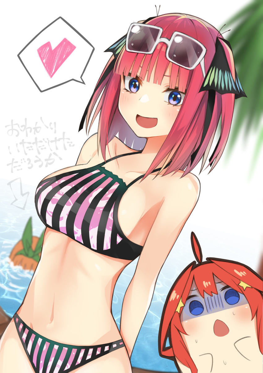 2girls :d absurdres ahoge bare_arms bare_shoulders bikini blue_eyes blue_nails blush breasts caustics chestnut_mouth collarbone gloom_(expression) go-toubun_no_hanayome hair_ornament halterneck heart highres itame_moyashi looking_at_viewer medium_breasts multiple_girls nail_polish nakano_itsuki nakano_nino navel open_mouth orange_hair pink_bikini red_hair revision shaded_face short_hair smile spoken_heart star stomach striped striped_bikini sweat swimsuit two_side_up water white_background