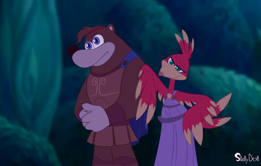 2019 armor avian banjo-kazooie banjo_(banjo-kazooie) blue_eyes breegull brown_bear brown_fur cape clothing crossover disney dress duo eyelashes feathers female fur green_eyes hercules hercules_(disney) hi_res kazooie male mammal megara rareware red_feathers skeletonguys-and-ragdolls ursid ursine video_games