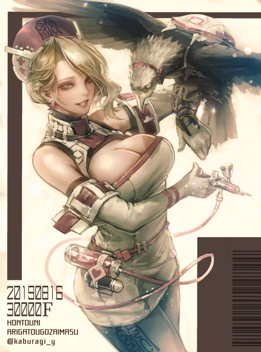 1girl bare_shoulders bird bird_earrings blonde_hair breasts cleavage commentary_request dated eagle earrings elbow_gloves gloves grin hat highres jewelry kaburagi_yasutaka large_breasts lips long_hair looking_at_viewer nurse_cap original skirt smile solo syringe white_gloves