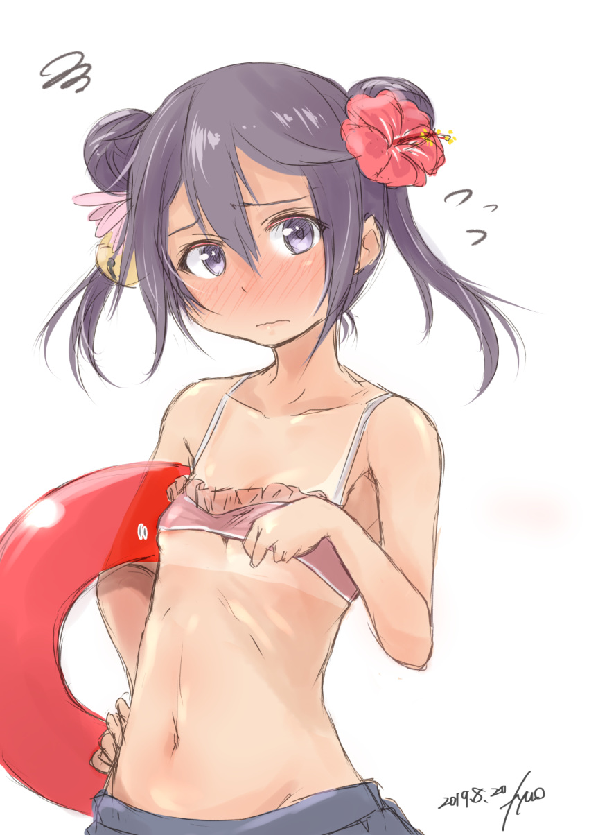 1girl 2girls akebono_(kantai_collection) alternate_hairstyle bare_shoulders bikini bikini_lift bikini_top blush breasts double_bun embarrassed flower fyuo hair_flower hair_ornament hand_on_hip hibiscus highres innertube kantai_collection lavender_hair looking_at_viewer multiple_girls purple_eyes sketch small_breasts solo squiggle swimsuit tan tanline wavy_mouth