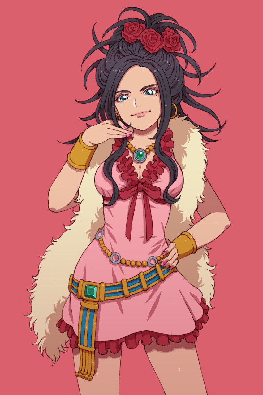 1girl black_hair blue_eyes bracelet breasts cleavage closed_mouth deborah dragon_quest dragon_quest_v dress earrings feather_boa fingernails flower frilled_dress frills hair_flower hair_ornament hand_on_hip hand_up highres hoop_earrings jewelry legs_apart long_hair medium_breasts mole mole_under_eye necklace pink_background pink_dress pink_nails red_flower red_ribbon ribbon simple_background smile solo tanuki_koubou