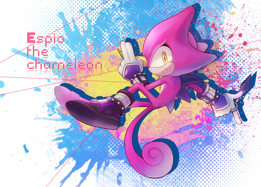 abstract_background anthro chameleon clothing den255 english_text espio_the_chameleon footwear frown gesture gloves handwear hi_res holding_object holding_weapon horn lizard male meller's_chameleon purple_body reptile scalie shoes solo sonic_(series) spikes text weapon yellow_eyes