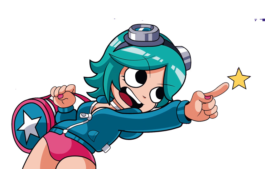 1girl cyan_hair edit eyebrows eyebrows_visible_through_hair eyelashes female female_focus female_only goggles goggles_on_head grabbing hair handbag highres hoodie human jacket legs nail_polish neck_ring no_pants official_art open_mouth panties pointing pose ramona_flowers scott_pilgrim scott_pilgrim_vs_the_world star teeth tongue transparent_background zipper