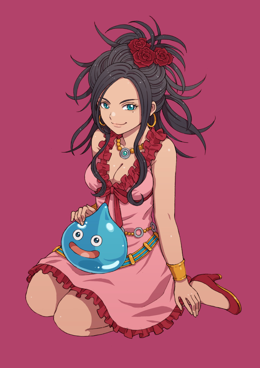 1girl bare_shoulders black_hair blue_eyes bracelet breasts cleavage closed_mouth deborah dragon_quest dragon_quest_v dress earrings flower frilled_dress frills hair_flower hair_ornament high_heels highres hoop_earrings jewelry long_hair looking_at_viewer medium_breasts mole mole_under_eye necklace pink_background pink_dress red_footwear red_ribbon ribbon shoes simple_background sitting slime slime_(dragon_quest) smile tanuki_koubou wariza