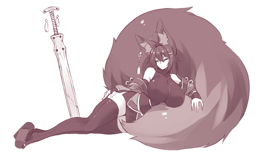 animal_humanoid big_breasts breasts canid canid_humanoid canine canine_humanoid clothed clothing dipstick_tail eyes_closed female fluffy fox_humanoid huge_breasts humanoid inner_ear_fluff japanese_clothing legwear mammal mammal_humanoid melee_weapon monochrome multicolored_tail smile solo sub-res suzu_(sub-res) sword thigh_highs weapon
