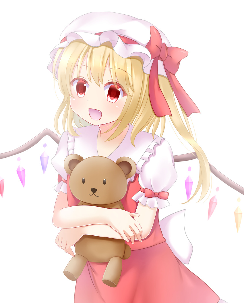 1girl :d absurdres blonde_hair commentary_request fang flandre_scarlet hat hat_ribbon highres holding holding_stuffed_animal open_mouth puffy_short_sleeves puffy_sleeves red_skirt red_vest ribbon shirt short_sleeves side_ponytail simple_background skirt skirt_set smile solo standing stuffed_animal stuffed_toy teddy_bear touhou vest white_background white_headwear white_shirt wings yukina_kurosaki