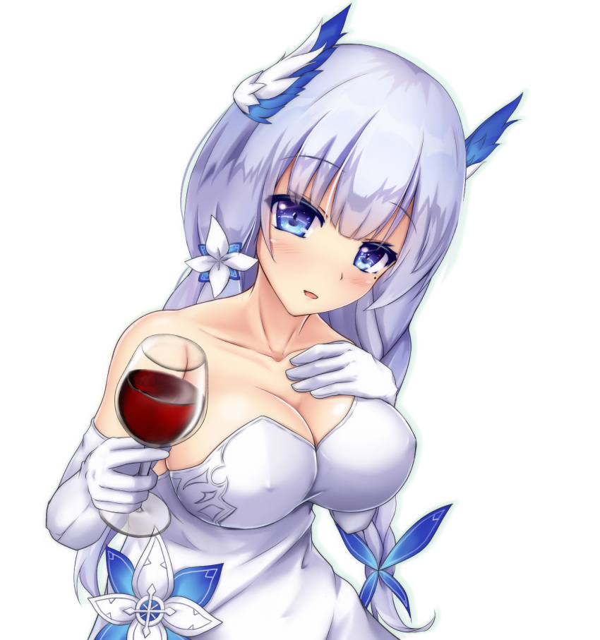 1girl :d alcohol azur_lane bai_da bare_shoulders blue_eyes braid breasts cleavage covered_nipples cup dress drinking_glass elbow_gloves flower gloves hair_flower hair_ornament hand_on_own_chest highres holding holding_cup illustrious_(azur_lane) illustrious_(illustrious_ballroom)_(azur_lane) large_breasts long_hair looking_at_viewer mole mole_under_eye open_mouth silver_hair simple_background smile solo strapless strapless_dress upper_body white_background white_dress white_gloves wine wine_glass