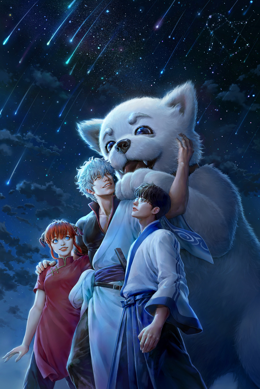 1girl 2boys absurdres black_pants blue_eyes china_dress chinese_clothes double_bun dress galaxy gintama glasses hadanugi_dousa hair_bun highres japanese_clothes joui kagura_(azumanga_daiou) kagura_(gintama) kimono lips male_focus milky_way multiple_boys nebula night night_sky orange_hair pants sakata_gintoki shimura_shinpachi shinsengumi shooting_star silver_hair sky star star_(sky) star_trail starry_background starry_sky starry_sky_print swoo