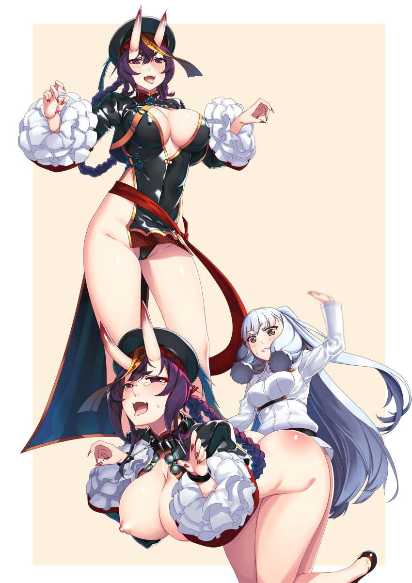 2girls absurdres alternate_costume bottomless braid breasts breasts_outside brown_eyes cosplay fangs fate/grand_order fate_(series) female_admiral_(kantai_collection) fingernails fujimaru_ritsuka_(female) fujimaru_ritsuka_(female)_(cosplay) hiememiko highres horns jiangshi jiangshi_costume kantai_collection large_breasts letterboxed long_hair multiple_girls murakumo_(kantai_collection) purple_eyes purple_hair shuten_douji_(fate/grand_order) shuten_douji_(fate/grand_order)_(cosplay) spanking tongue tongue_out wide_sleeves yuri