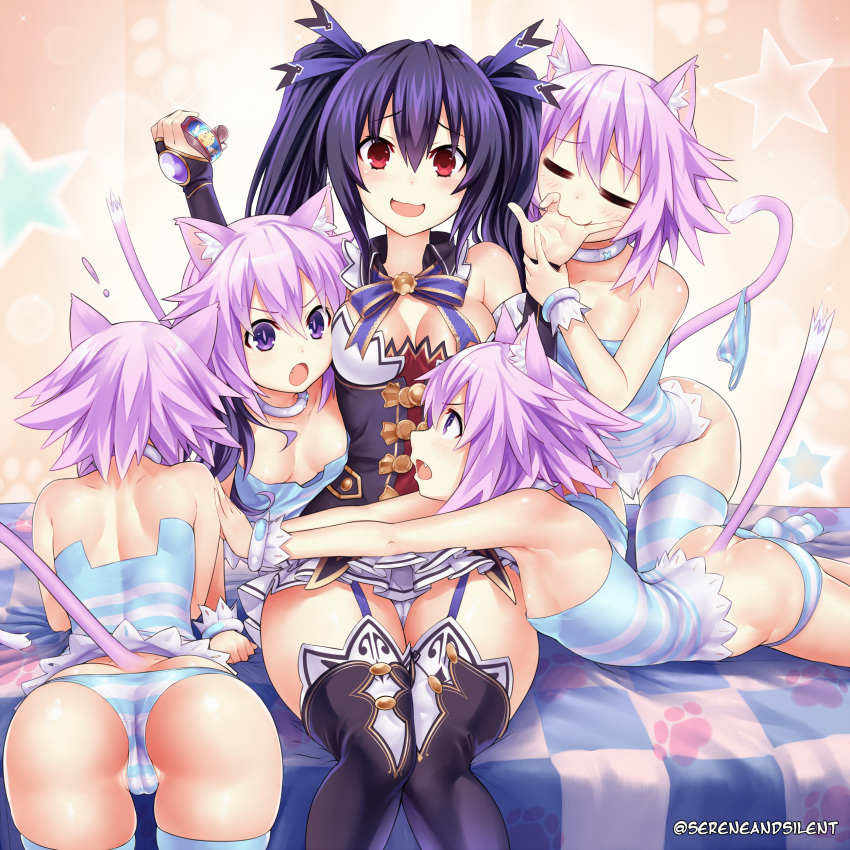 5girls absurdres animal_ears ass bangs bare_shoulders bed blush breasts butt_crack cameltoe camisole cat_ears cat_girl cat_tail choker choujigen_game_neptune cleavage eyebrows_visible_through_hair finger_sucking garter_straps hair_ornament hair_ribbon highres hood hood_down long_hair medium_breasts multiple_girls neptune_(neptune_series) neptune_(series) noire on_bed panties pantyshot pantyshot_(sitting) pleated_skirt purple_eyes purple_hair red_eyes ribbon sereneandsilent short_hair sitting sitting_on_bed skindentation skirt small_breasts striped striped_legwear striped_panties tail thighhighs tin_can twintails twitter_username umio_(neptune_series) underwear white_panties yuri