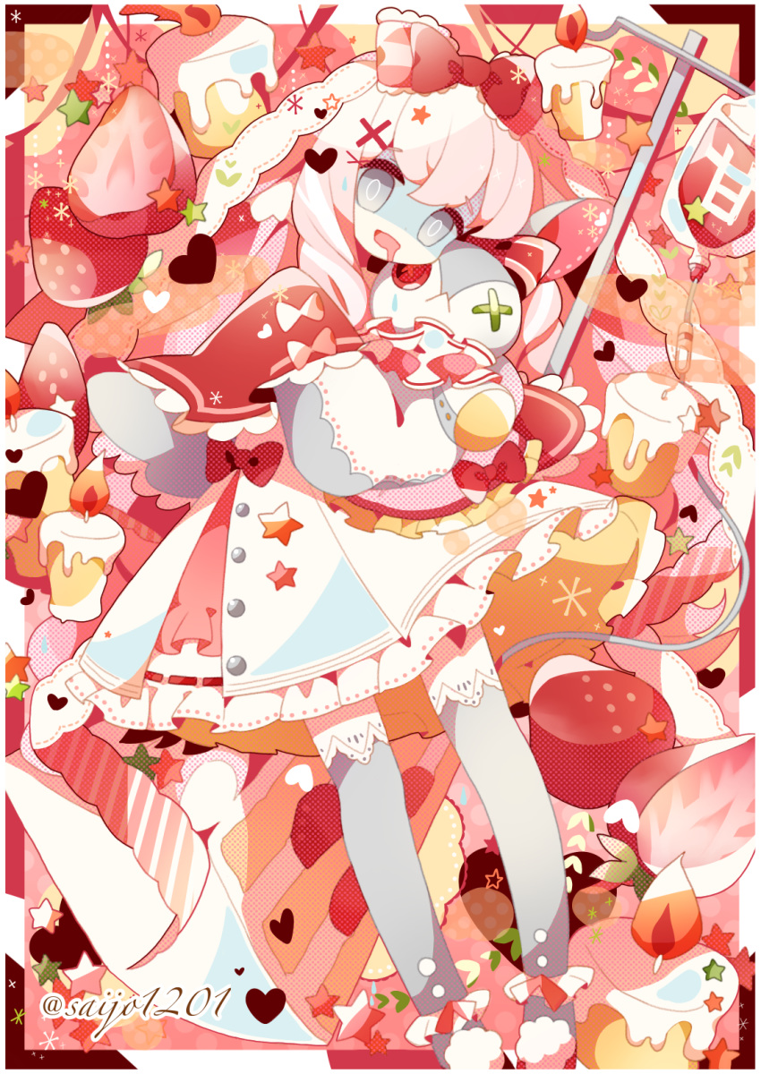 1girl blood blood_bag buttons cake candle dress drooling food frilled_dress frills fruit grey_eyes hair_ribbon heart highres intravenous_drip open_mouth original pink_hair ribbon saijo1201 shoes sidelocks standing star stitches strawberry stuffed_toy thighhighs twitter_username