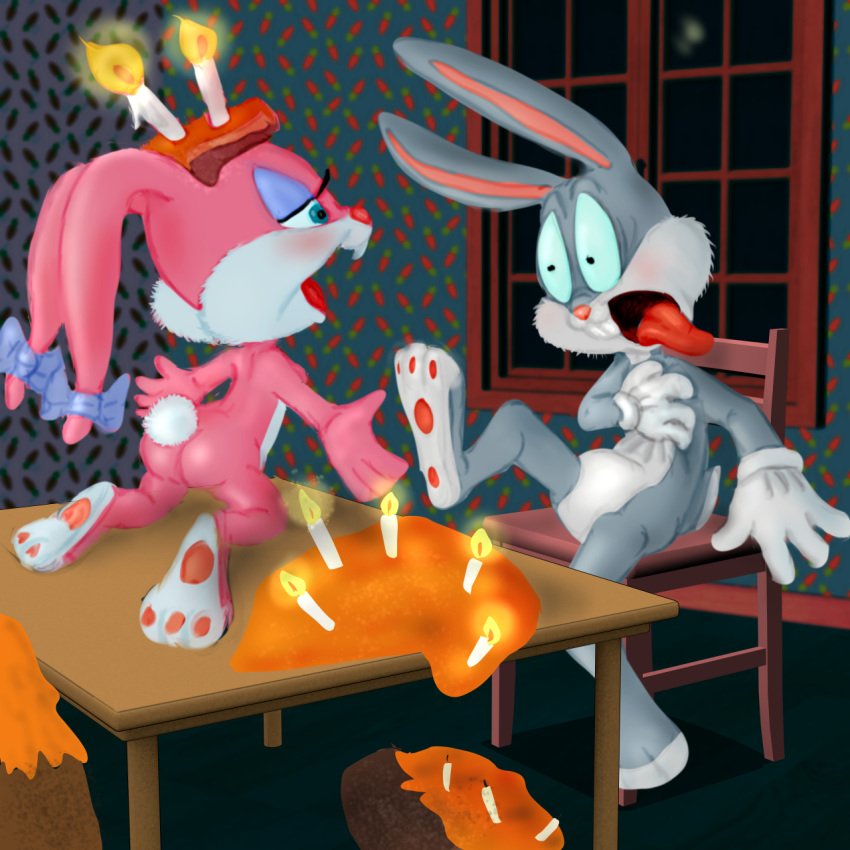 1:1 2019 anthro babs_bunny birthday birthday_cake breasts bugs_bunny butt cake candle clothing cub duo facial_hair female fire food funimal fur gloves handwear heart_attack hi_res lagomorph leporid looney_tunes male mammal mousetache nude open_mouth pawpads pink_fur rabbit shocked tiny_toon_adventures underfoot warner_brothers young