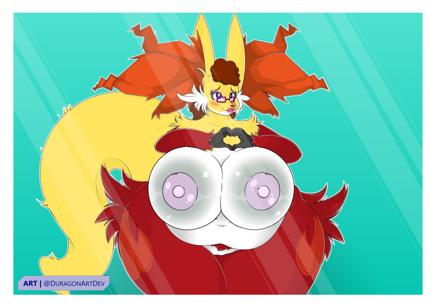 absurd_res anthro areola belly big_belly big_breasts big_tail breasts breasts_against_glass curled_hair delphox digital_media_(artwork) duragon eyewear female front_view fur glasses hair hi_res huge_breasts hyper hyper_breasts navel nintendo overweight overweight_female pok&eacute;mon pok&eacute;mon_(species) purple_eyes pussy simple_background thick_thighs video_games voluptuous white_pupils wide_hips yellow_fur
