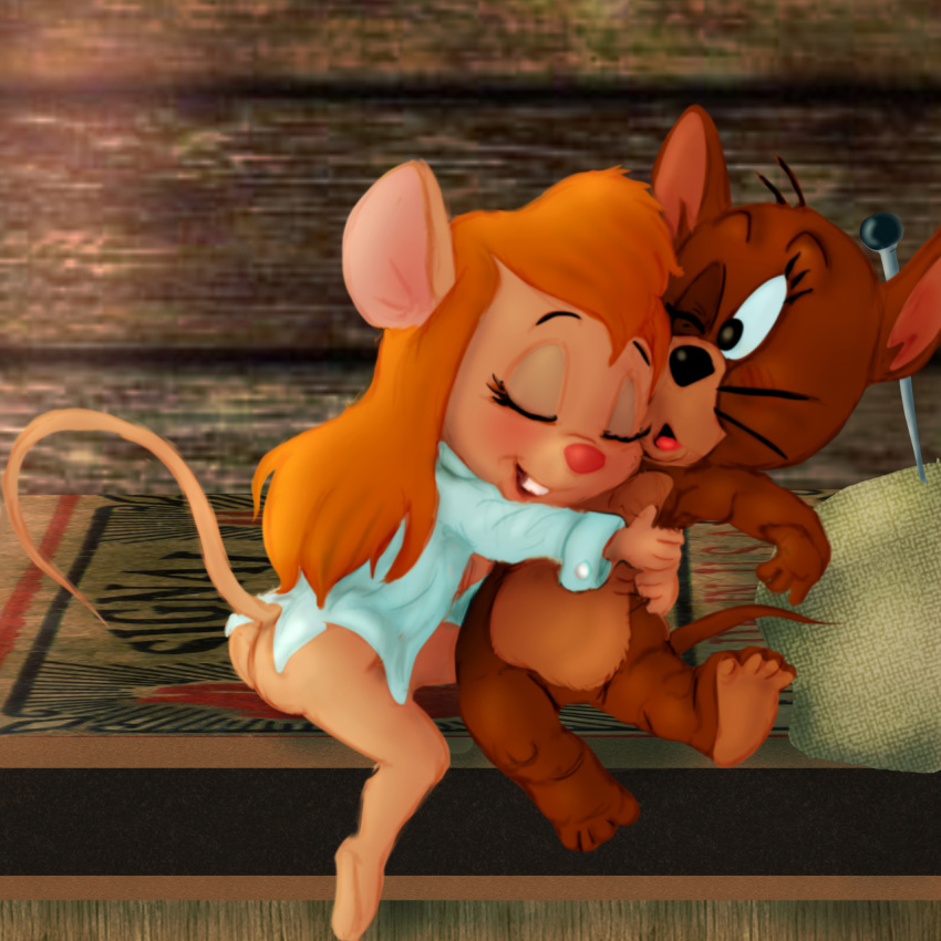 1:1 2019 anthro bed blonde_hair bottomless breasts chip_'n_dale_rescue_rangers clothed clothing crossover disney facial_hair female funimal gadget_hackwrench hair hi_res hug jerry_mouse long_hair male mammal metro-goldwyn-mayer mouse mousetache murid murine nightshirt nipples partially_clothed rodent surprise tom_and_jerry