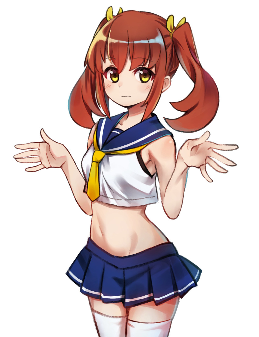 1girl :3 bare_arms bare_shoulders blue_sailor_collar blue_skirt breasts brown_hair closed_mouth collarbone cowboy_shot crop_top groin hair_ribbon hands_up highres long_hair looking_at_viewer midriff miniskirt navel necktie original pleated_skirt ribbon sailor_collar school_uniform serafuku shigekiman shirt sidelocks simple_background skirt sleeveless sleeveless_shirt small_breasts smile solo standing thighhighs twintails white_background white_legwear white_shirt yellow_eyes zettai_ryouiki