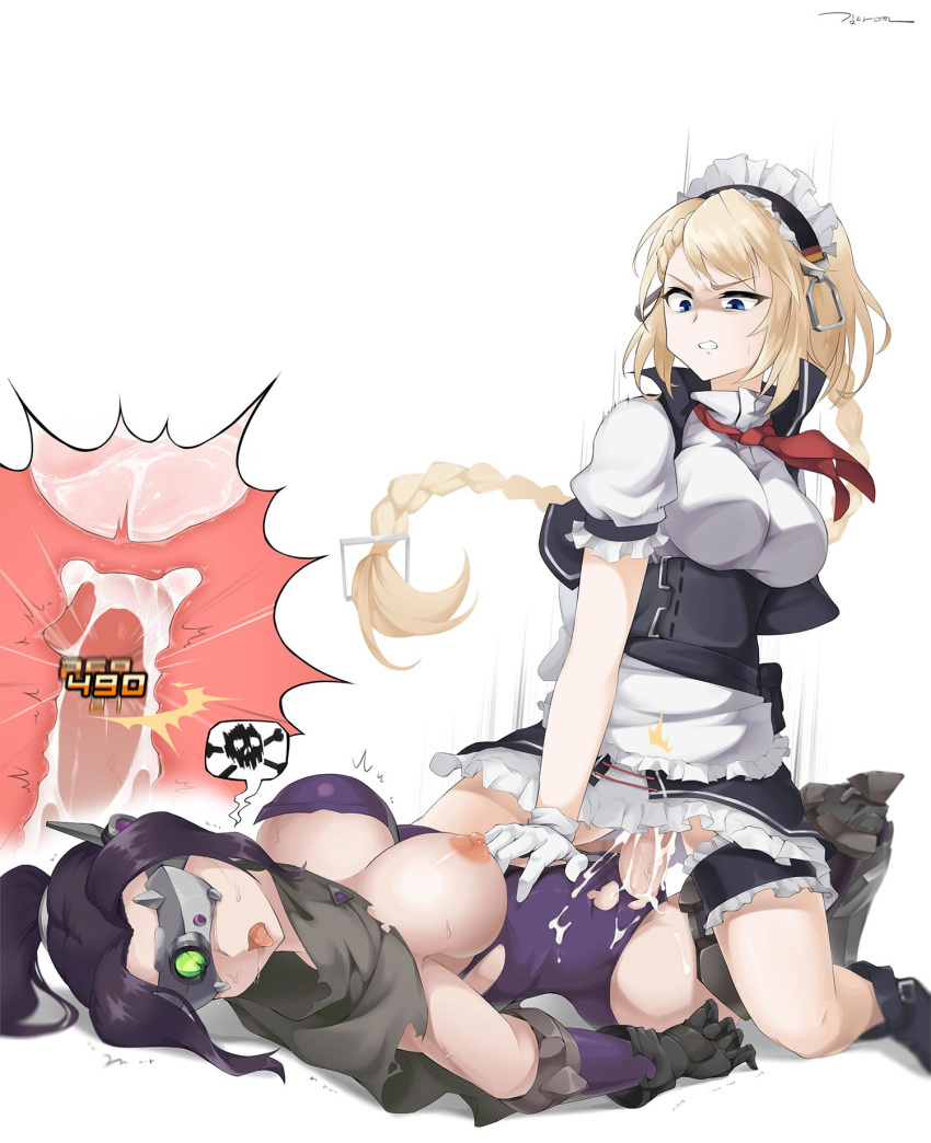 2girls apron black_gloves blonde_hair blue_eyes boots braid breasts clothed_sex cowgirl_position cum cum_on_penis damage_numbers dress futa_with_female futanari futasub g36_(girls_frontline) girls_frontline gloves highres jaeger_(girls_frontline) large_breasts long_hair lying maid maid_apron maid_headdress multiple_girls nipples on_back open_mouth penis ppkoly sangvis_ferri sex short_sleeves simple_background spoken_skull straddling teeth tongue tongue_out torn_clothes white_background white_gloves