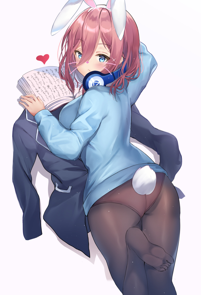1girl absurdres animal_ears ass bangs black_jacket blue_eyes blue_sweater blush book breasts brown_hair bunny_ears bunny_girl bunny_tail commentary_request dan_gan eyebrows_visible_through_hair go-toubun_no_hanayome hair_between_eyes headphones headphones_around_neck highres jacket large_breasts long_hair looking_at_viewer lying nakano_miku on_stomach panties pantyhose simple_background solo sweater tail underwear white_background