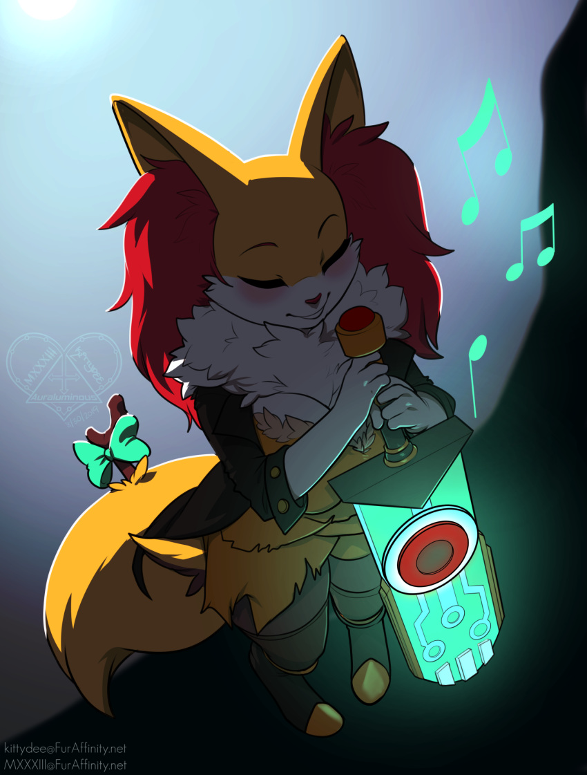 2019 4_fingers anthro blush boots braixen breasts cleavage clothed clothing cosplay digital_media_(artwork) dress eyes_closed fan_character female fingers footwear fur hi_res holding_object holding_weapon inner_ear_fluff jacket kittydee legwear melee_weapon multicolored_fur musical_note nintendo pok&eacute;mon pok&eacute;mon_(species) red_(transistor) red_fur red_nose ribbons seraphine_(roflfox) singing smile solo stick sword thigh_highs topwear transistor video_games weapon white_fur yellow_fur