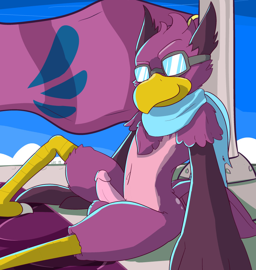 2019 absurd_res anthro avian balls beak bird digital_media_(artwork) erection eyewear feathers goggles hi_res humanoid_penis looking_at_viewer male nude penis rivals_of_aether scarf solo ultilix video_games wings wrastor