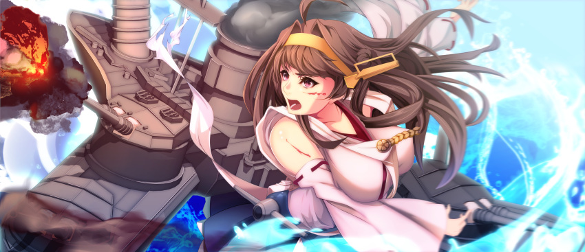 1girl absurdres ahoge bancho_(666305) bare_shoulders bleeding blood breasts brown_hair cannon cuts detached_sleeves double_bun explosion hairband headgear highres injury japanese_clothes kantai_collection kongou_(kantai_collection) large_breasts long_hair nontraditional_miko open_mouth purple_eyes remodel_(kantai_collection) ribbon-trimmed_sleeves ribbon_trim rigging smokestack solo turret upper_body