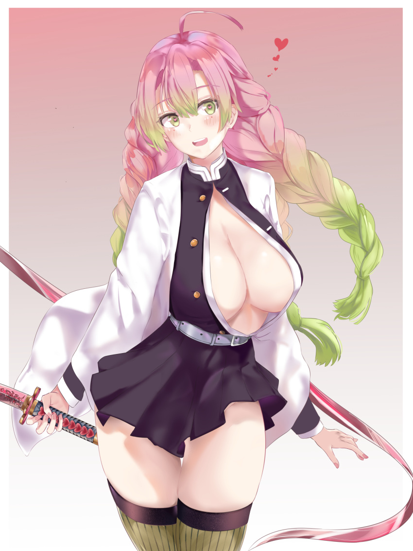 1girl absurdres ahoge belt black_skirt braid breasts buttons cleavage commentary_request cowboy_shot gradient_hair green_eyes green_hair green_legwear groin hair_between_eyes heart heart-shaped_pupils highres holding holding_sword holding_weapon kanroji_matsuri katana kimetsu_no_yaiba large_breasts long_hair long_sleeves looking_at_viewer miniskirt multicolored_hair nail_polish no_bra open_clothes open_mouth open_shirt pink_hair pleated_skirt quad_braids ru_zhai sheath sheathed shirt skirt smile solo standing striped striped_legwear sword symbol-shaped_pupils thighhighs two-tone_hair weapon white_shirt