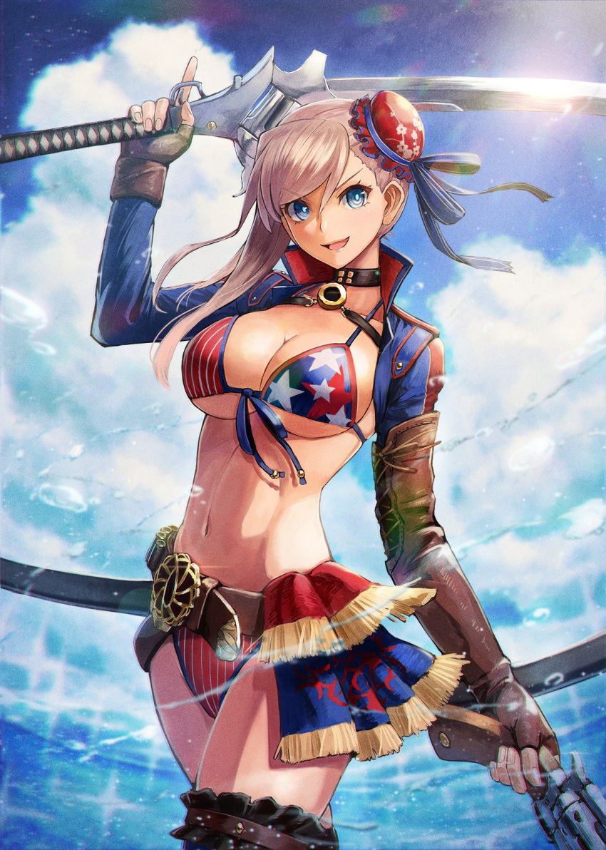 1girl :d american_flag_bikini asymmetrical_hair bangs belt bikini blue_eyes blue_jacket blue_sky blush breasts brown_gloves buckle bun_cover cleavage cloud collarbone cowboy_shot day dual_wielding elbow_gloves fate/grand_order fate_(series) flag_print gloves gunblade hair_bun highres holding holding_weapon jacket kuroi_susumu large_breasts long_hair looking_at_viewer miyamoto_musashi_(fate/grand_order) miyamoto_musashi_(swimsuit_berserker)_(fate) navel open_mouth outdoors pink_hair shrug_(clothing) single_elbow_glove sky smile solo swept_bangs swimsuit sword toned trigger_discipline weapon