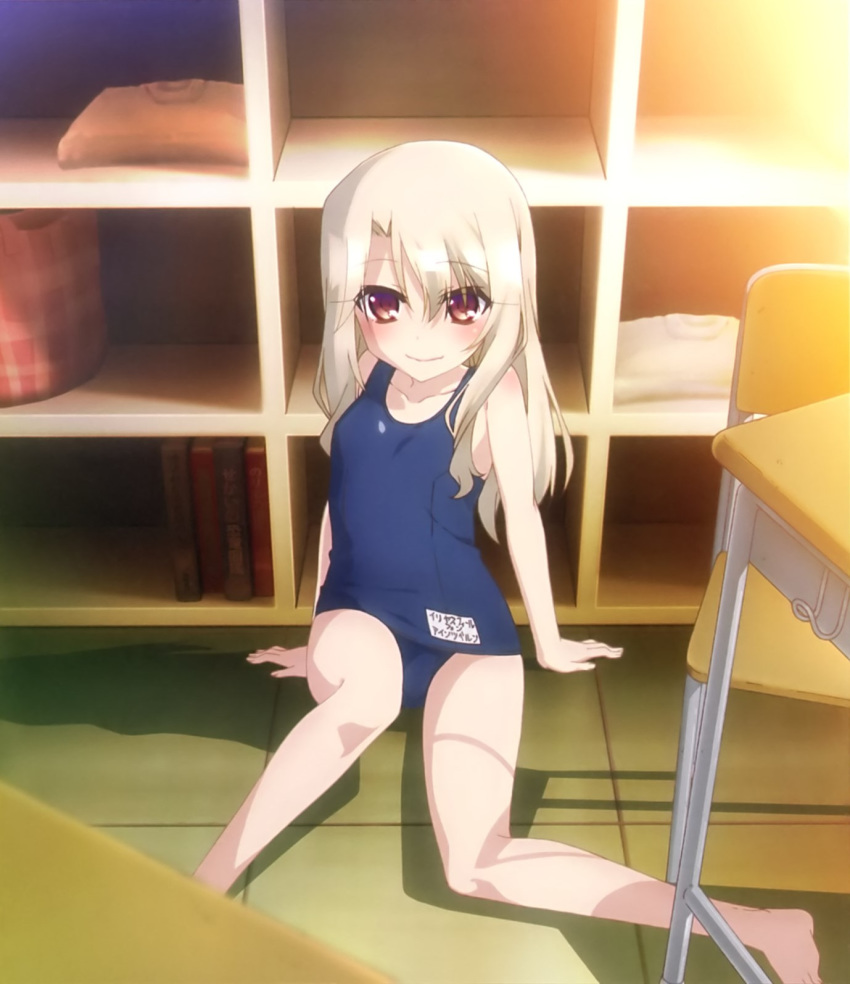 1girl blue_swimsuit blush classroom fate/kaleid_liner_prisma_illya fate_(series) highres illyasviel_von_einzbern long_hair looking_at_viewer name_tag official_art one-piece_swimsuit red_eyes school_swimsuit siting smile solo swimsuit white_hair