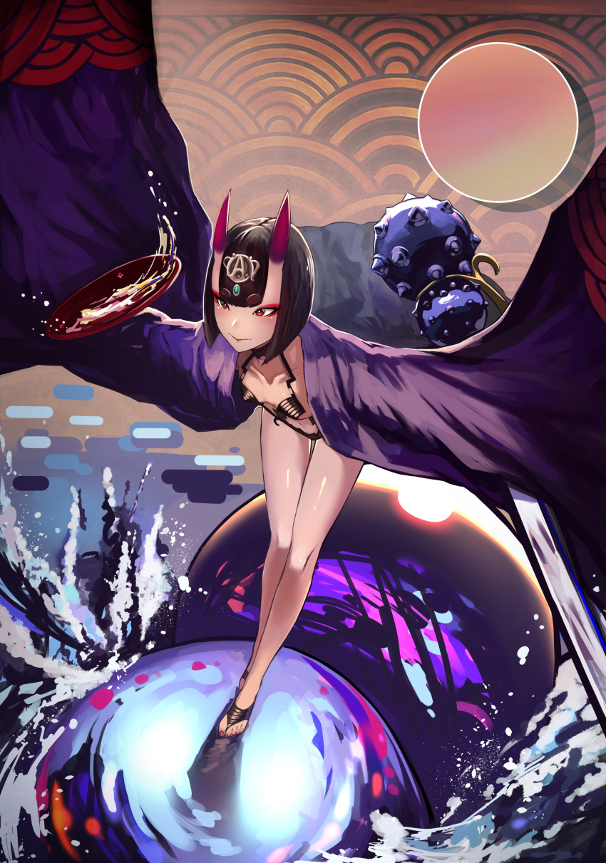1girl :} absurdres alcohol bangs bare_legs blunt_bangs bob_cut breasts closed_mouth collarbone commentary_request cup egasumi eyebrows_visible_through_hair eyeshadow fate/grand_order fate_(series) highres legs main0567 makeup oni_horns pattern_request purple_eyes purple_hair red_eyeshadow red_horns revealing_clothes sakazuki sake short_eyebrows short_hair shuten_douji_(fate/grand_order) small_breasts smile solo spilling thick_eyebrows