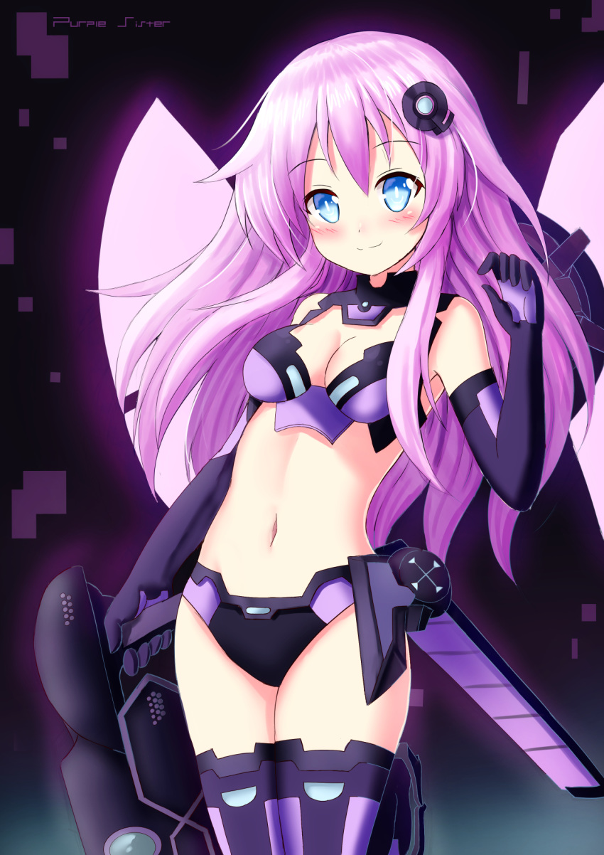 1girl arlly_radithia bangs bare_shoulders black_gloves blue_eyes blush breasts character_name choujigen_game_neptune_mk2 cleavage closed_mouth commentary_request crop_top elbow_gloves eyebrows_visible_through_hair gloves glowing glowing_wings hair_between_eyes hair_ornament highres holding holding_weapon long_hair medium_breasts navel nepgear neptune_(series) power_symbol purple_hair purple_legwear purple_sister smile solo symbol-shaped_pupils thighhighs very_long_hair weapon wings