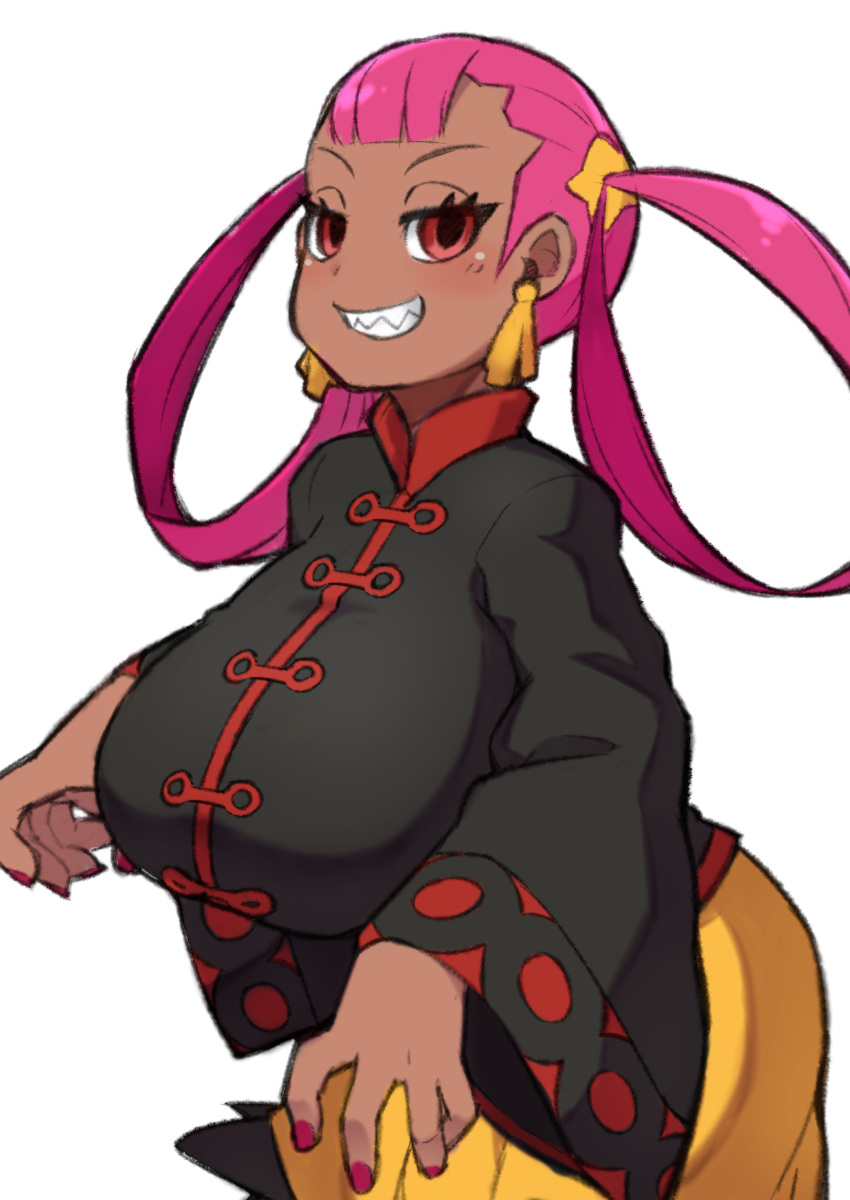 1girl absurdres blush breasts chinese_clothes dark_skin earrings fukurou_(owl222) half-closed_eyes highres jewelry large_breasts pokemon pokemon_masters punk_girl_(pokemon) red_eyes sharp_teeth smile solo teeth twintails