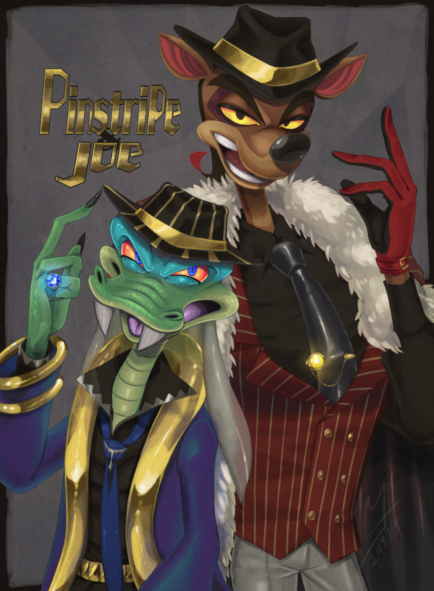 2019 activision anthro blue_eyes bottomwear classy claws close-up clothed clothing coat crash_bandicoot_(series) detailed english_text fangs fur gloves grey_background half-closed_eyes handwear hat headgear headwear hi_res komodo_dragon komodo_joe lizard long_neck looking_at_viewer looking_up m5mona macropod male mammal marsupial monitor_lizard necktie open_mouth pants pinstripe_potoroo pose potoroo reptile ring rodent scalie sharp_claws sharp_teeth shirt simple_background smile standing teeth text tongue topwear video_games yellow_eyes