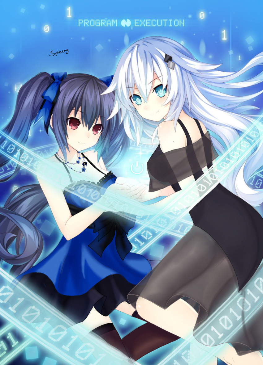 2girls alternate_costume black_hair black_heart dress eyebrows_visible_through_hair hair_ribbon highres light_blue_eyes mole multiple_girls multiple_persona neptune_(series) noire red_eyes ribbon smile thighhighs twintails white_hair