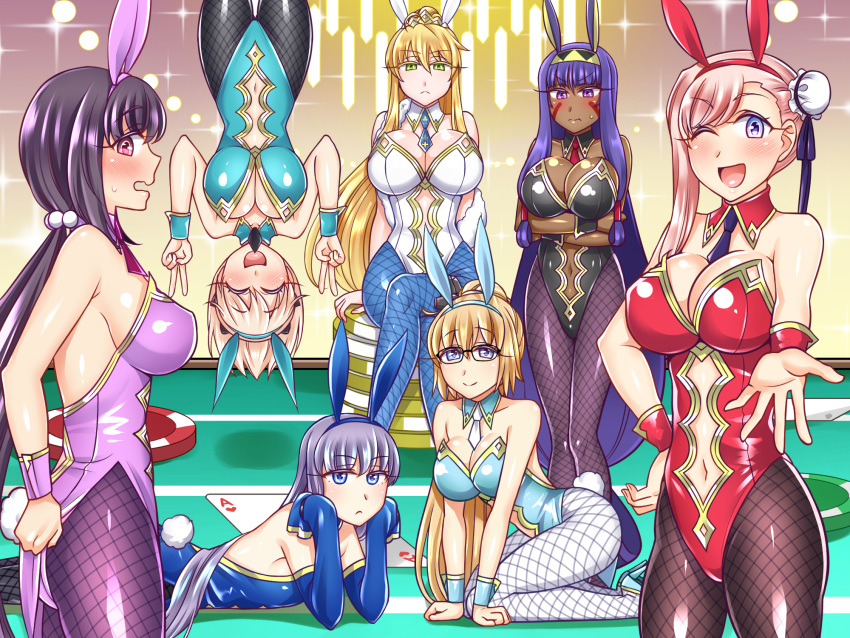 6+girls ahoge animal_ears artoria_pendragon_(all) artoria_pendragon_(swimsuit_ruler)_(fate) artoria_pendragon_(swimsuit_ruler)_(fate)_(cosplay) ass_visible_through_thighs asymmetrical_hair black-framed_eyewear black_bow black_hair blue_eyes blue_legwear blue_neckwear blue_ribbon bow braid bunny_ears bunny_girl bunnysuit card casino_card_table cosplay dark_skin detached_collar earrings egyptian facepaint facial_mark fate/grand_order fate_(series) feather_boa fishnet_legwear fishnet_pantyhose fishnets french_braid glasses hair_ornament hand_gesture highres hoop_earrings jackal_ears jeanne_d'arc_(fate)_(all) jeanne_d'arc_(swimsuit_archer) jewelry leotard long_hair looking_at_viewer low-tied_long_hair mabo-udon meltryllis miyamoto_musashi_(fate/grand_order) miyamoto_musashi_(swimsuit_berserker)_(fate) multiple_girls navel_cutout nitocris_(fate/grand_order) okita_souji_(fate)_(all) open_mouth osakabe-hime_(fate/grand_order) pantyhose pink_hair playing_card poker_table ponytail purple_eyes purple_hair revealing_clothes ribbon sleeves_past_fingers sleeves_past_wrists twintails upside-down very_long_hair very_long_sleeves white_leotard wrist_cuffs