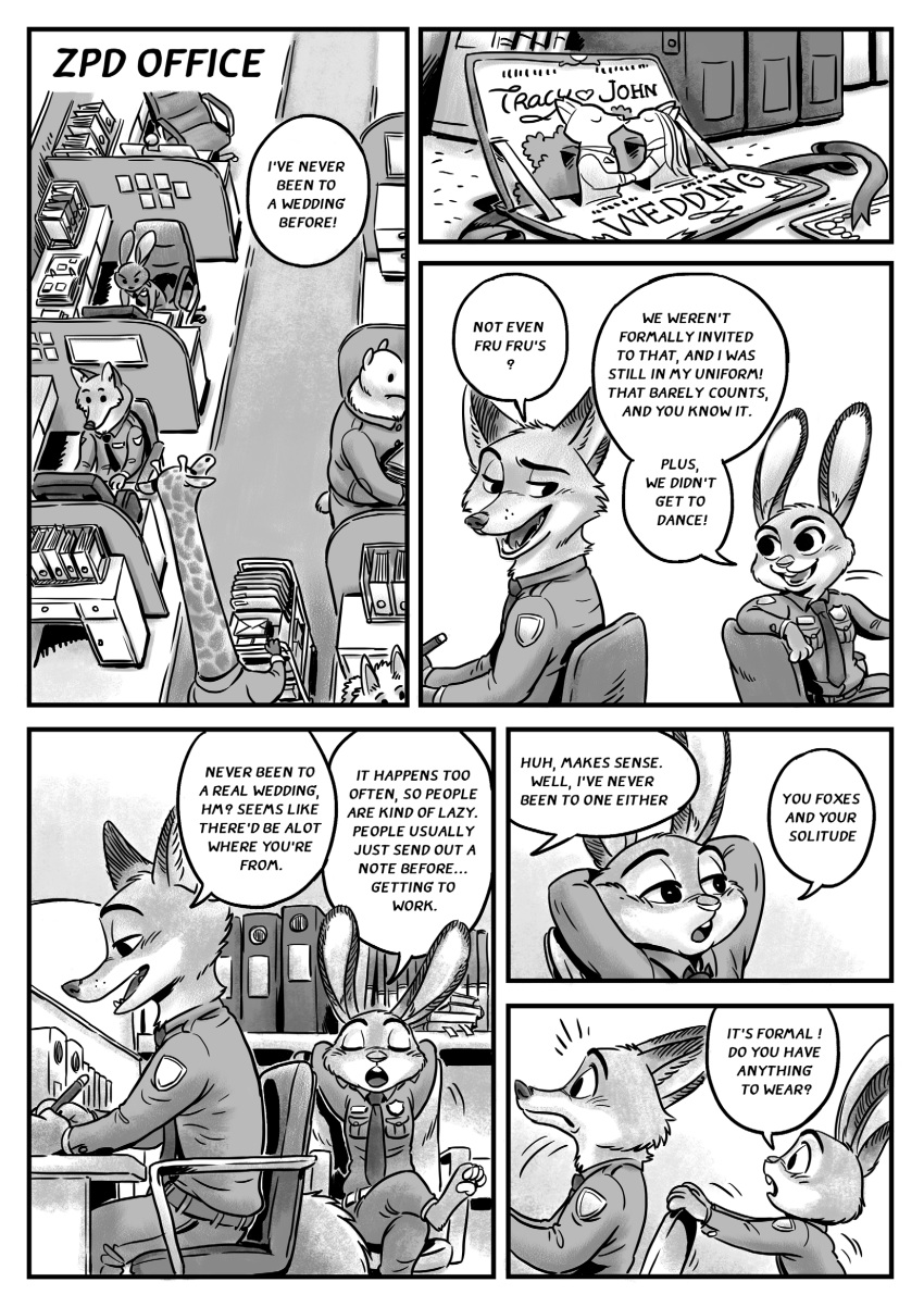 2019 black_and_white canid canine clothing dialogue disney english_text fox hi_res judy_hopps kit-ray-live lagomorph leporid mammal monochrome nick_wilde rabbit text zootopia