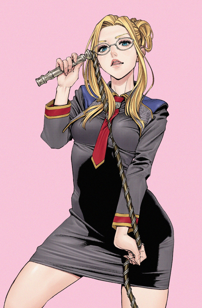 1girl alternate_costume between_breasts blonde_hair blue_eyes breasts eyelashes final_fantasy final_fantasy_viii glasses head_tilt highres holding_whip looking_at_viewer necktie open_mouth pink_background quistis_trepe shinya_komi simple_background solo standing uniform whip
