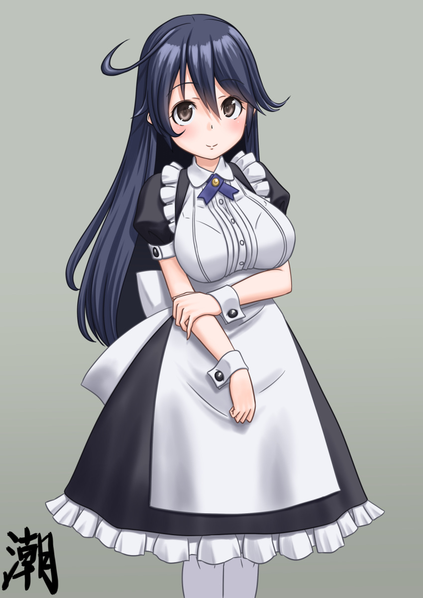 1girl ahoge apron black_dress black_hair blush breasts brown_eyes buttons collared_shirt cowboy_shot crossed_arms dress eyebrows frilled_apron frilled_dress frills gradient gradient_background green_background hair_between_eyes headband highres kantai_collection large_breasts long_hair looking_at_viewer maid maid_apron pantyhose puffy_short_sleeves puffy_sleeves ribbon shirt short_sleeves solo t2r text_focus ushio_(kantai_collection) white_apron white_hair
