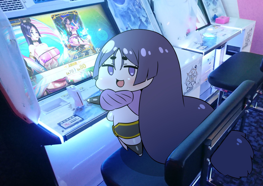 1girl arcade arcade_cabinet bangs bikini bodysuit breasts chibi commentary eyepatch_bikini fate/grand_order fate_(series) highres large_breasts long_hair low-tied_long_hair minamoto_no_raikou_(fate/grand_order) minamoto_no_raikou_(swimsuit_lancer)_(fate) open_mouth parted_bangs photo_background purple_bikini purple_bodysuit purple_eyes purple_hair rei_(rei_rr) smile solo swimsuit very_long_hair