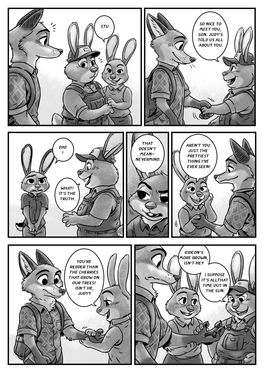 2019 black_and_white canid canine clothing dialogue disney english_text fox hi_res judy_hopps kit-ray-live lagomorph leporid mammal monochrome nick_wilde rabbit text zootopia