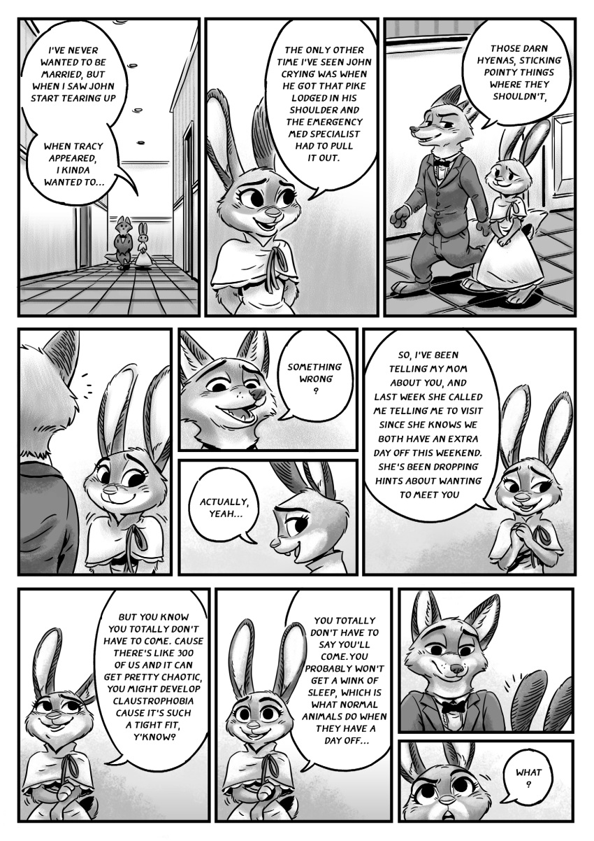 2019 black_and_white canid canine clothing dialogue disney english_text fox hi_res judy_hopps kit-ray-live lagomorph leporid mammal monochrome nick_wilde rabbit text zootopia